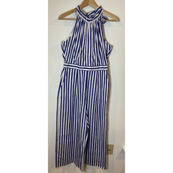 J.Crew Striped Halter Jumpsuit Blue White Tie Neck Style H7371 Size 4 - Picture 2 of 6